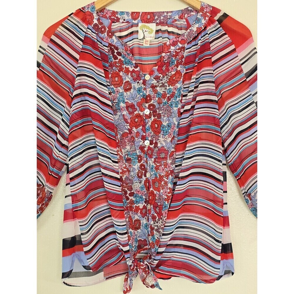 Fig & Flower Blouse Womens PS Boho Floral Stripe Tie Front 3/4 Sleeve - Picture 5 of 12